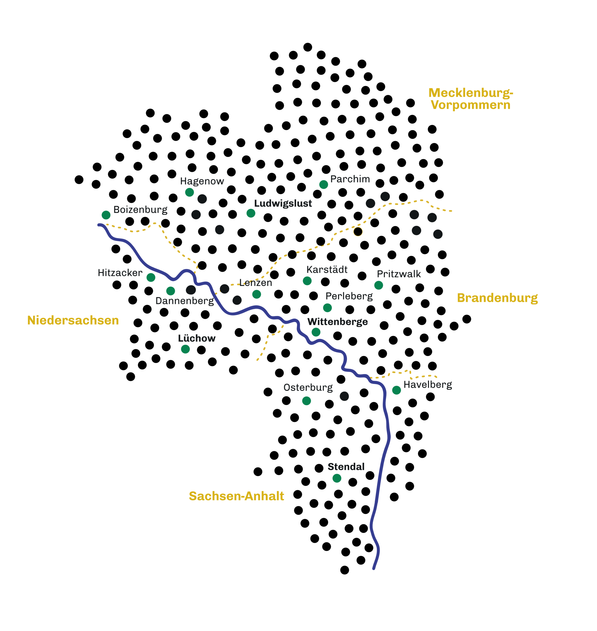 Karte des Elbe Valley mit den vier Regionen L&uuml;chow-Dannenberg, Prignitz, Stendal und Ludwigslust-Parchim