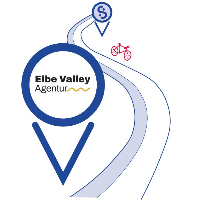 Illustration mit dem Logo der Elbe Valley Agentur, dem Flusslauf der Elbe und einem Fahrrad