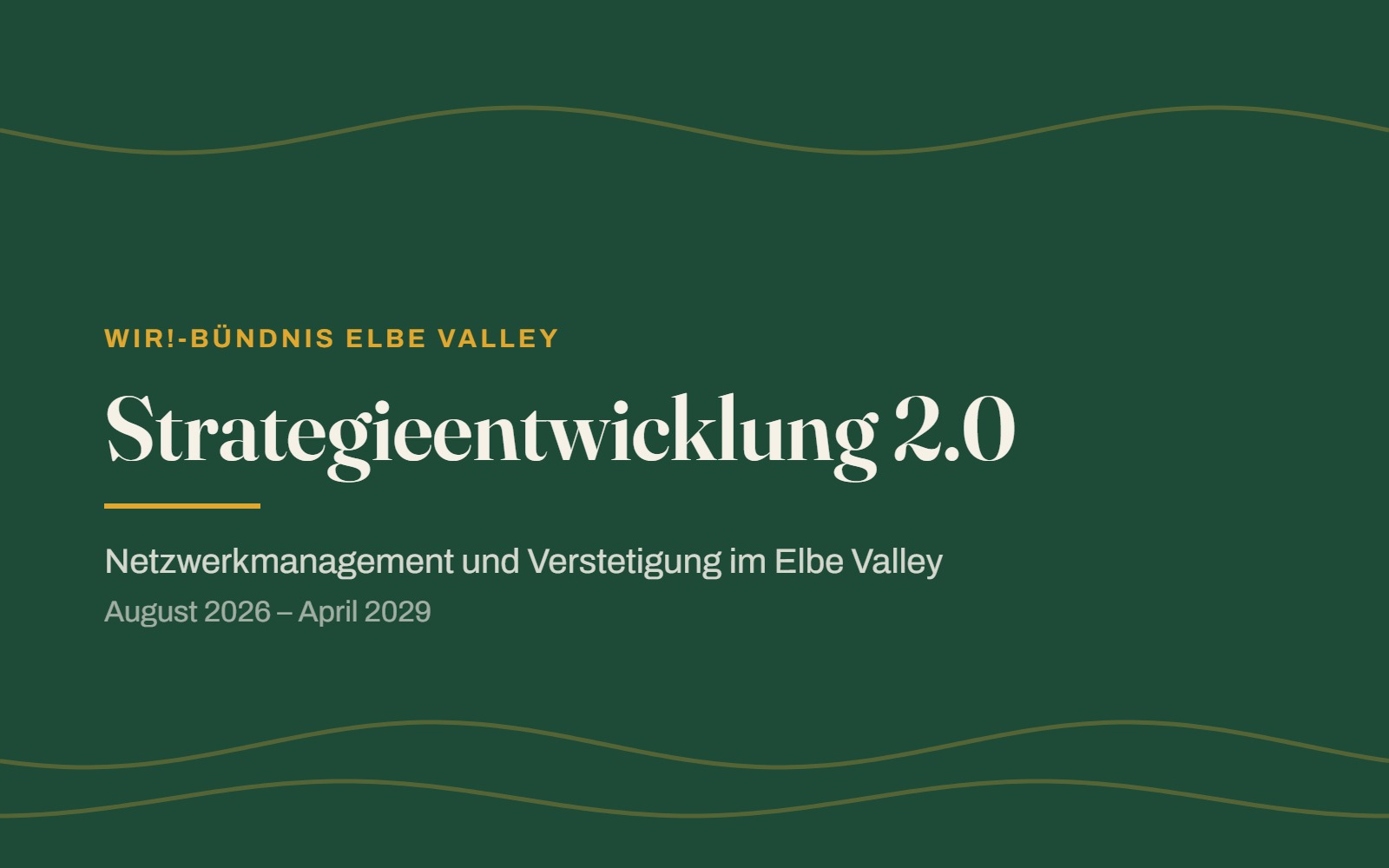 Grafik in Tannengrün mit goldenen Wellenlinien und dem Schriftzug Strategieentwicklung 2.0